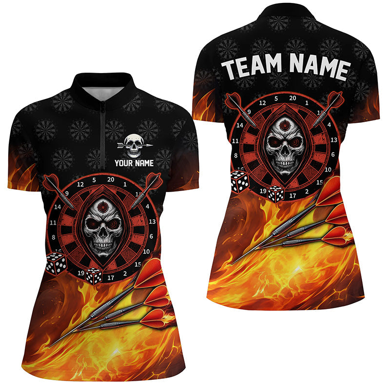 Individuelles Totenkopf Dartboard Dart Trikot Für Damen, Rotes Flammen Dart Team Quarter Zip Shirt TDM2385