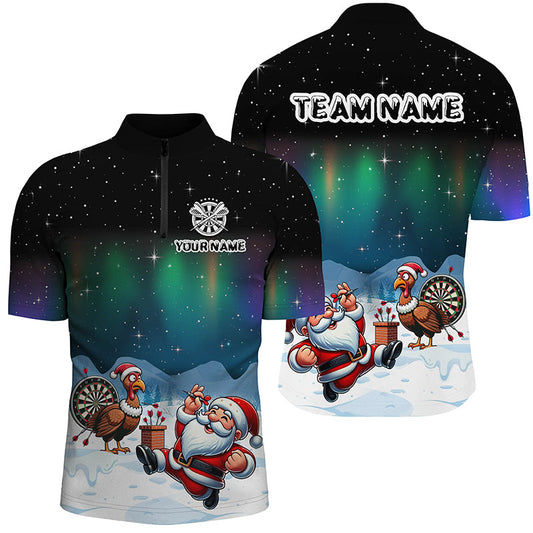Individuelles Lustiger Santa Und Truthahn Spielt Dart Dart Herren Shirt mit Viertelreißverschluss, Weihnachts Dart Trikot TDM2870