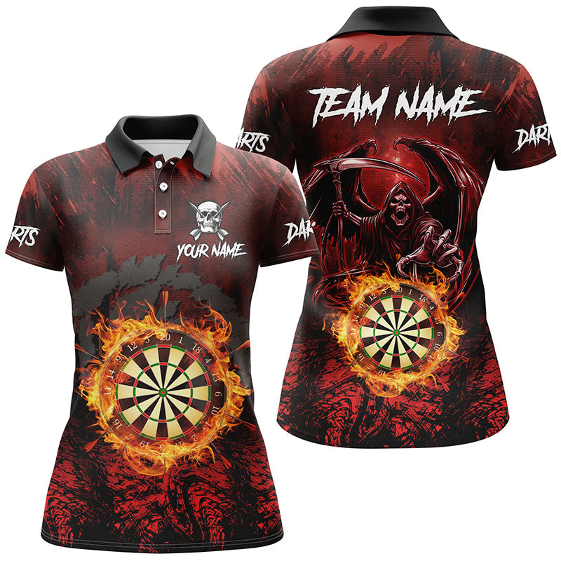 Individuelles Rotes Dartboard Feuer Dart Poloshirt für Damen, Skelett Dart Trikot Team Outfit TDM2871