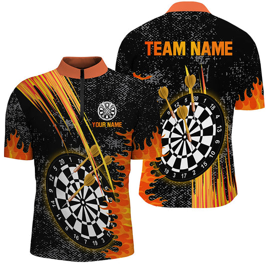 Individuelles Graues Grunge Orange Fire Flame Herren Shirt mit Viertelreißverschluss, Dart Team Trikot TDM2635