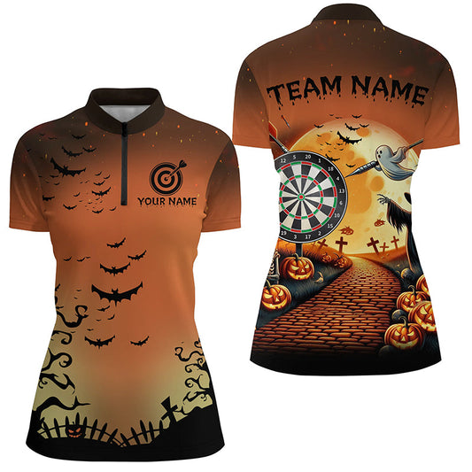 Individuelles Lustiges Halloween Damen Quarter Zip Shirt, Schwarze und Orange Dart Trikots Für Team TDM2638