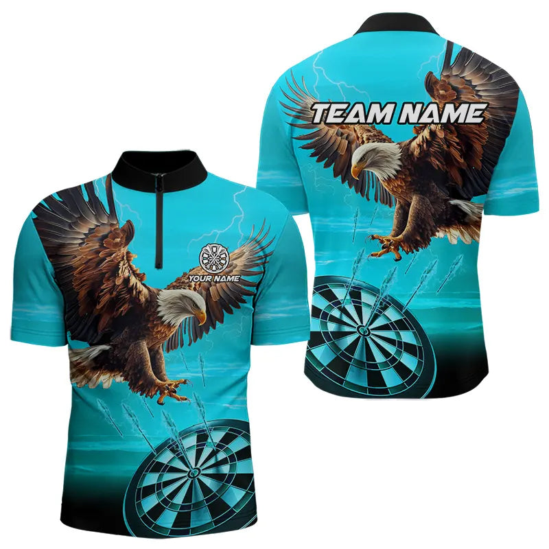 Individuelles Cyan Blau Dartboard Adler Dart Viertelreißverschluss Herren Shirt – Team Dart Trikot TDM3810