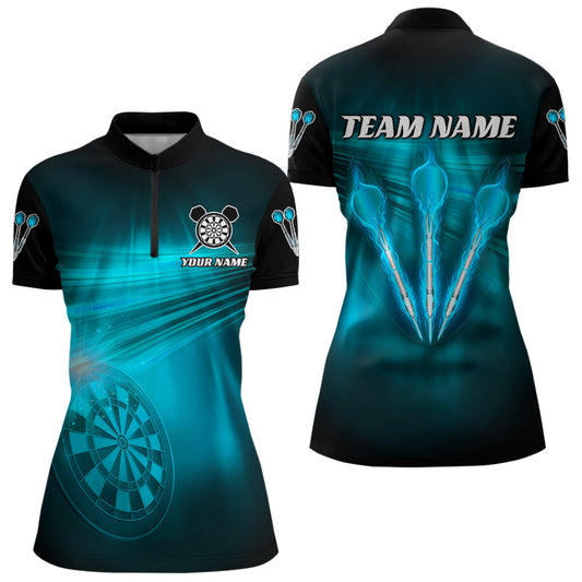 Individuelles Blaues Darts Blitzlicht Dart Damen Quarter Zip Shirt, Dart Team Trikot TDM3111