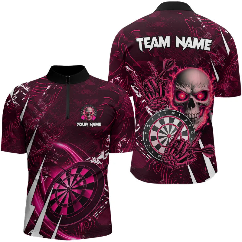 Individuelles Pink Skull Darts Herren Shirt mit Viertelreißverschluss, Dart Trikot Team Uniform TDM3366