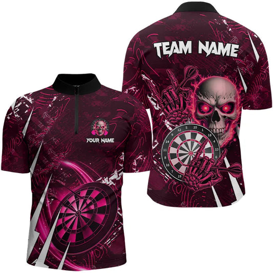Individuelles Pink Skull Darts Herren Shirt mit Viertelreißverschluss, Dart Trikot Team Uniform TDM3366