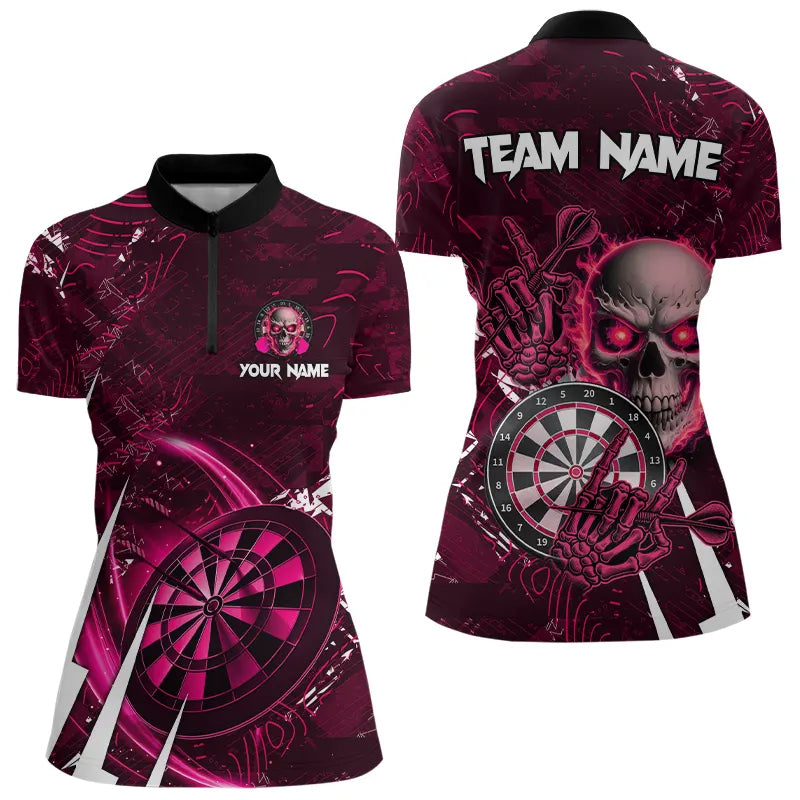 Individuelles Rosa Schädel Darts Damen Quarter Zip Shirt, Dart Trikot Team Uniform TDM3366