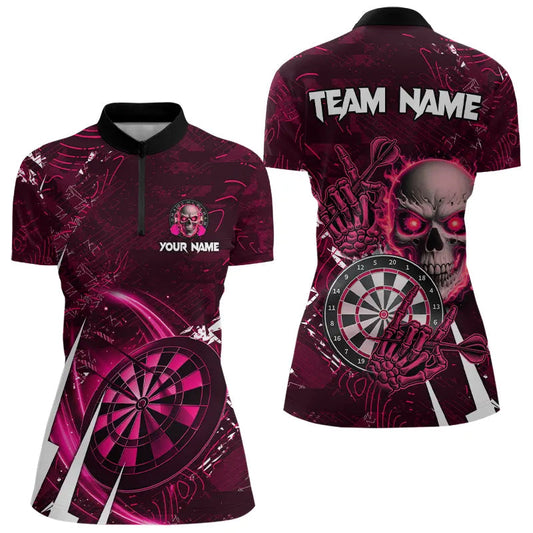 Individuelles Rosa Schädel Darts Damen Quarter Zip Shirt, Dart Trikot Team Uniform TDM3366