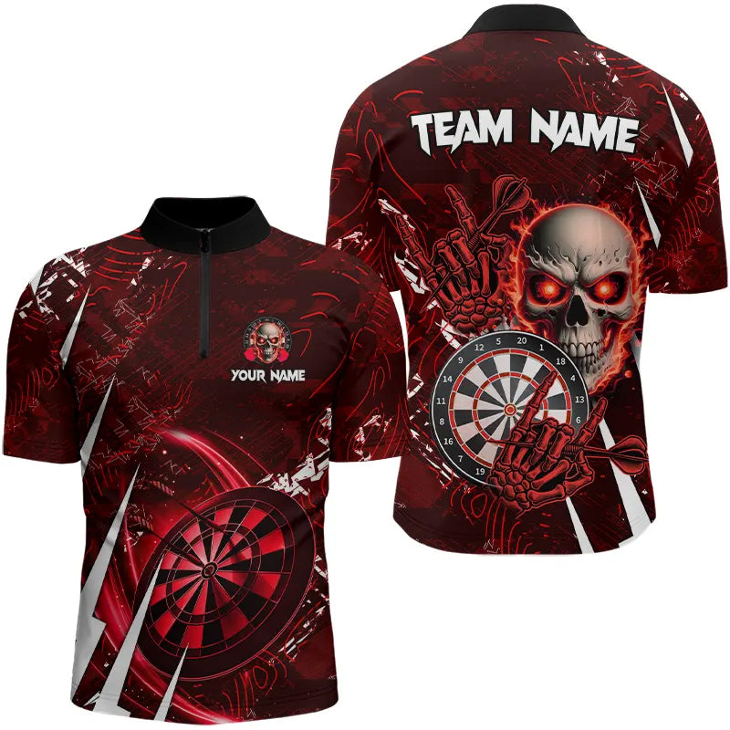Individuelles Rotes Skull Darts Herren Shirt mit Viertelreißverschluss, Dart Trikot Team Uniform TDM3367