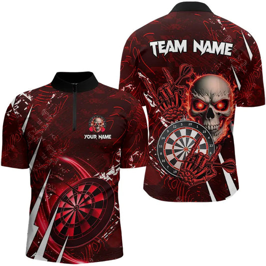 Individuelles Rotes Skull Darts Herren Shirt mit Viertelreißverschluss, Dart Trikot Team Uniform TDM3367