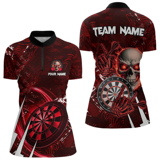 Individuelles Rotes Schädel Darts Damen Quarter Zip Shirt, Dart Trikot Team Uniform TDM3367