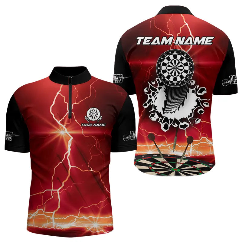 Individuelles Lustiges Dartboard Lightning Rot Schwarz Dart Viertelreißverschluss Herren Shirt, Dart Trikot TDM3673
