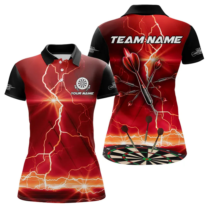 Individuelles Schwarz-Rotes Dartpfeil-Donner-Blitz Darts-Poloshirt für Damen, Dart-Trikot TDM3674
