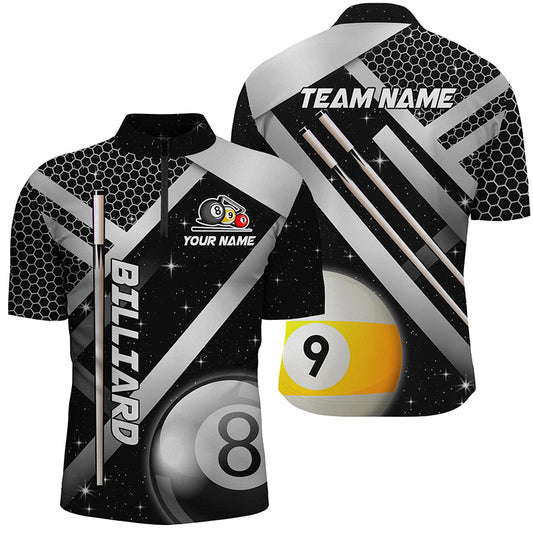 Maßgeschneiderte schwarze Billiard-Jersey 8 Ball & 9 Ball Herren Quarter-Zip Shirt, einzigartiges Billiard-Uniform TDM1370