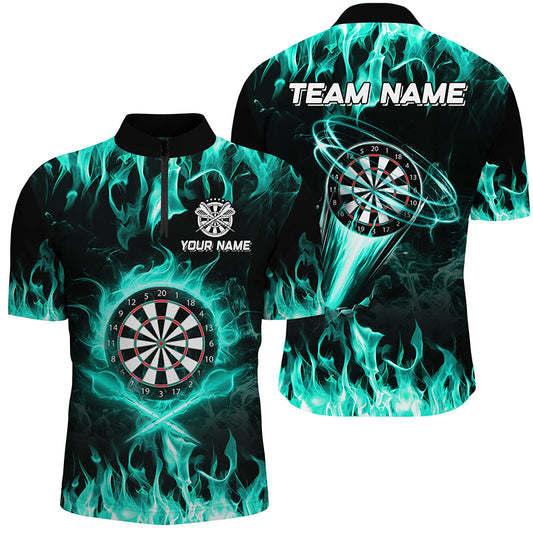 Individuelles Türkises Fire Flame Dart Herren Shirt mit Viertelreißverschluss, Lightning Dart League Team Trikot TDM2661