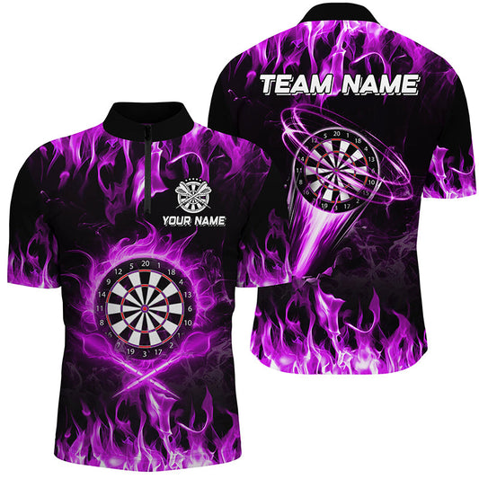 Individuelles Lila Fire Flame Dart Herren Shirt mit Viertelreißverschluss, Lightning Dart League Team Trikot TDM2662