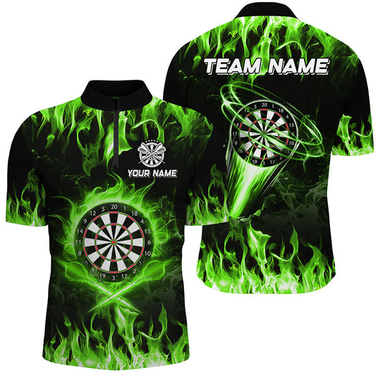 Individuelles Grünes Fire Flame Dart Herren Shirt mit Viertelreißverschluss, Lightning Dart League Team Trikot TDM2663
