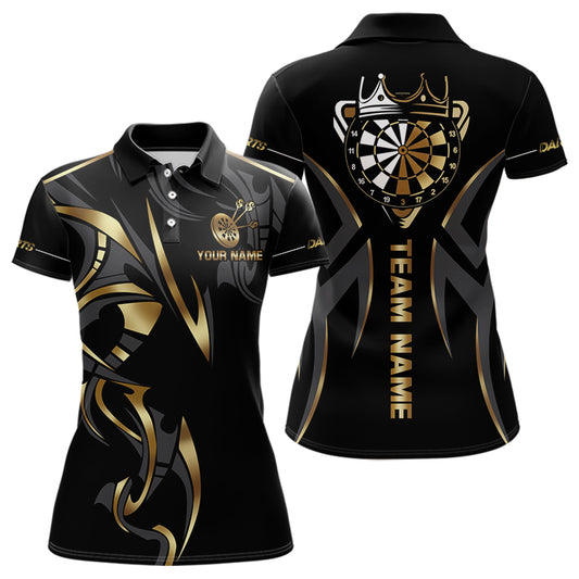 Individuelles Schwarz-Goldenes Dartbrett-Krone-Dart-Poloshirt für Damen – Team Dart Trikot TDM3835