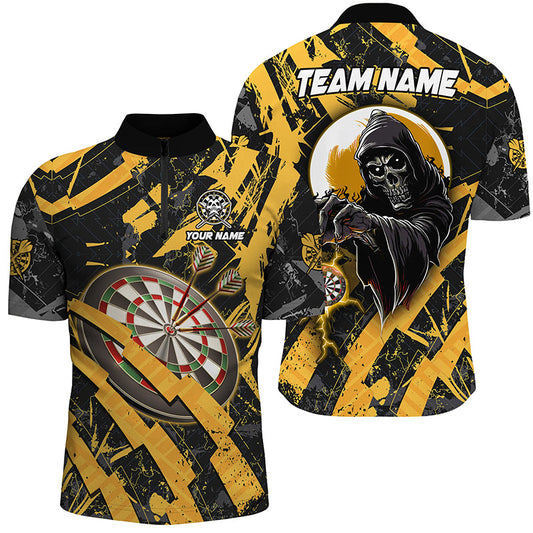 Grunge Gelbes Dartboard Skelett Dart Herren Shirt mit Viertelreißverschluss, Dart Team Trikot TDM1960