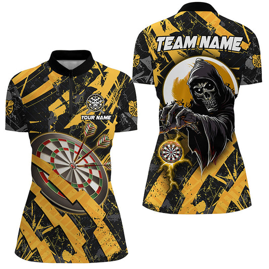 Individuelle Grunge gelbes Dartboard Skelett Dart Quarter Zip Shirt für Damen, Dart Team Trikot TDM1960
