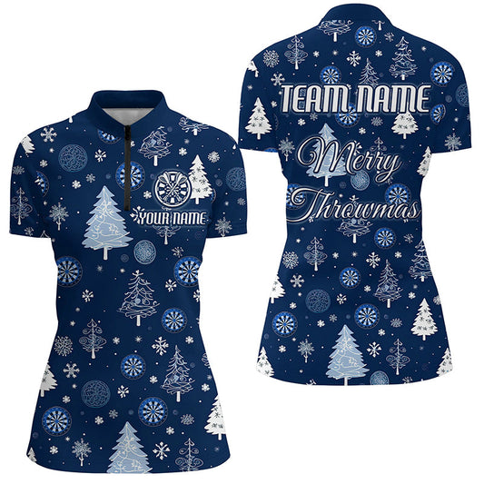 Individuelles Blaues Lustiger Weihnachtsbaum Dart Damen Quarter Zip Shirt, Weihnachts Dart Trikot Geschenk TDM2916