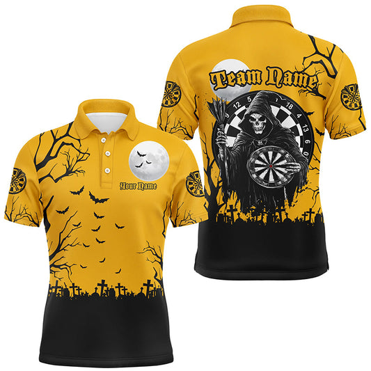 Individuelles Halloween Dart Poloshirt Für Herren, Lustiges Todesskelett Oranges Darttrikot TDM2453
