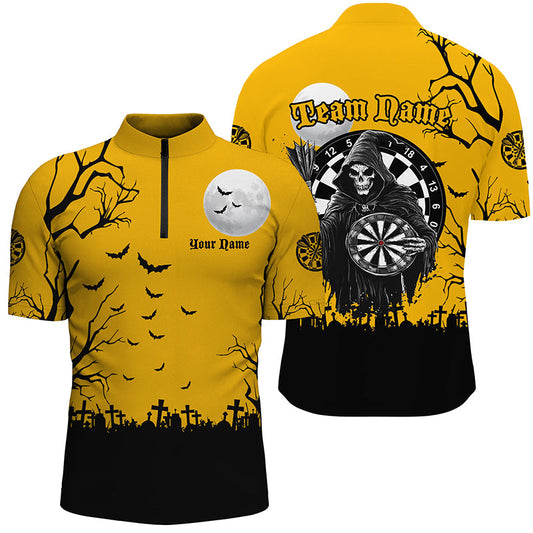 Individuelles Halloween Dart Herren Shirt mit Viertelreißverschluss, Lustiges Death Skeleton Orange Dart Trikot TDM2453