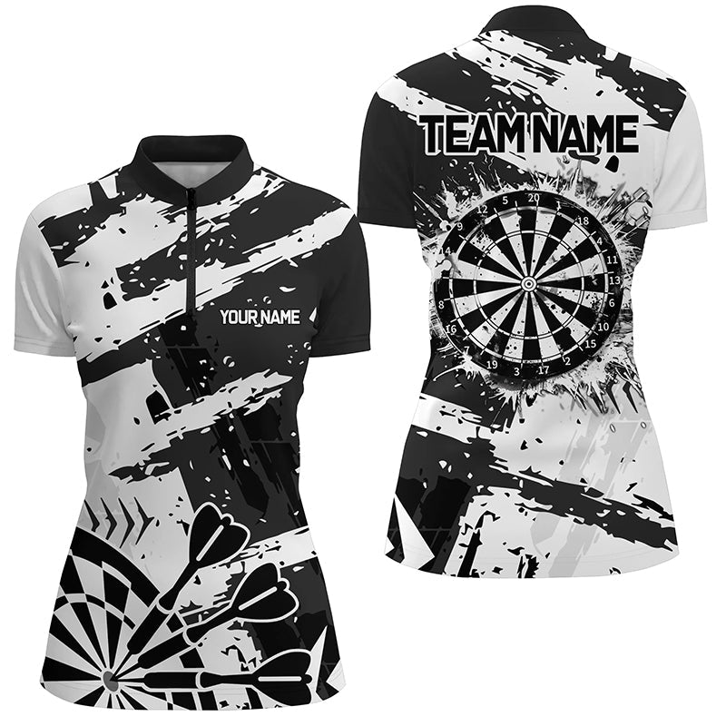 Grunge Schwarz-Weiß 1/4-Reißverschluss Polo, Damen-Dart-Teamshirt personalisiert TDM2454