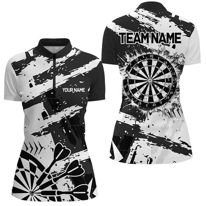 Grunge Schwarz-Weiß 1/4-Reißverschluss Polo, Damen-Dart-Teamshirt personalisiert TDM2454