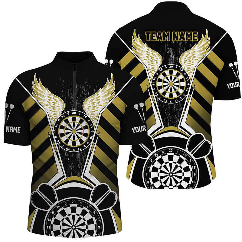 Individuelles Schwarz Gelbes Darts Board Wings Dart Herren Shirt mit Viertelreißverschluss, Lustiger Dart Trikot TDM2931