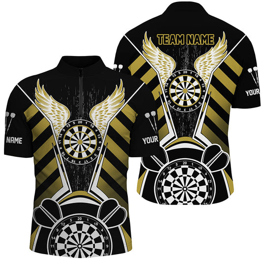 Individuelles Schwarz Gelbes Darts Board Wings Dart Herren Shirt mit Viertelreißverschluss, Lustiger Dart Trikot TDM2931