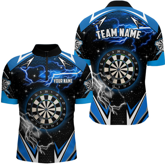 Individuelles Blaues Donner-Blitz Dart Herren Shirt mit Viertelreißverschluss, Dart Trikot TDM1193