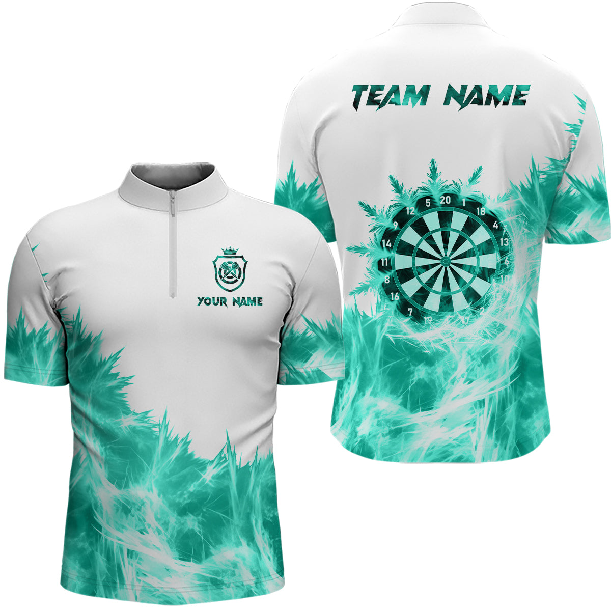 Individuelles Icy Türkis Licht Weiß Dart Viertelreißverschluss Herren Shirt, Dart Trikot Team Shirt TDM3682