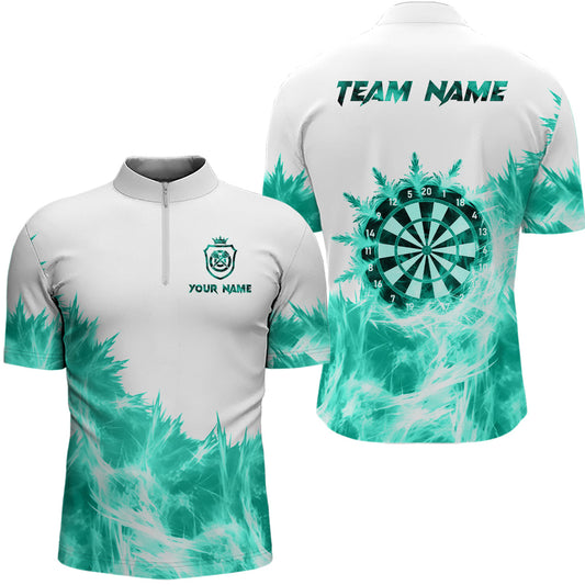 Individuelles Icy Türkis Licht Weiß Dart Viertelreißverschluss Herren Shirt, Dart Trikot Team Shirt TDM3682