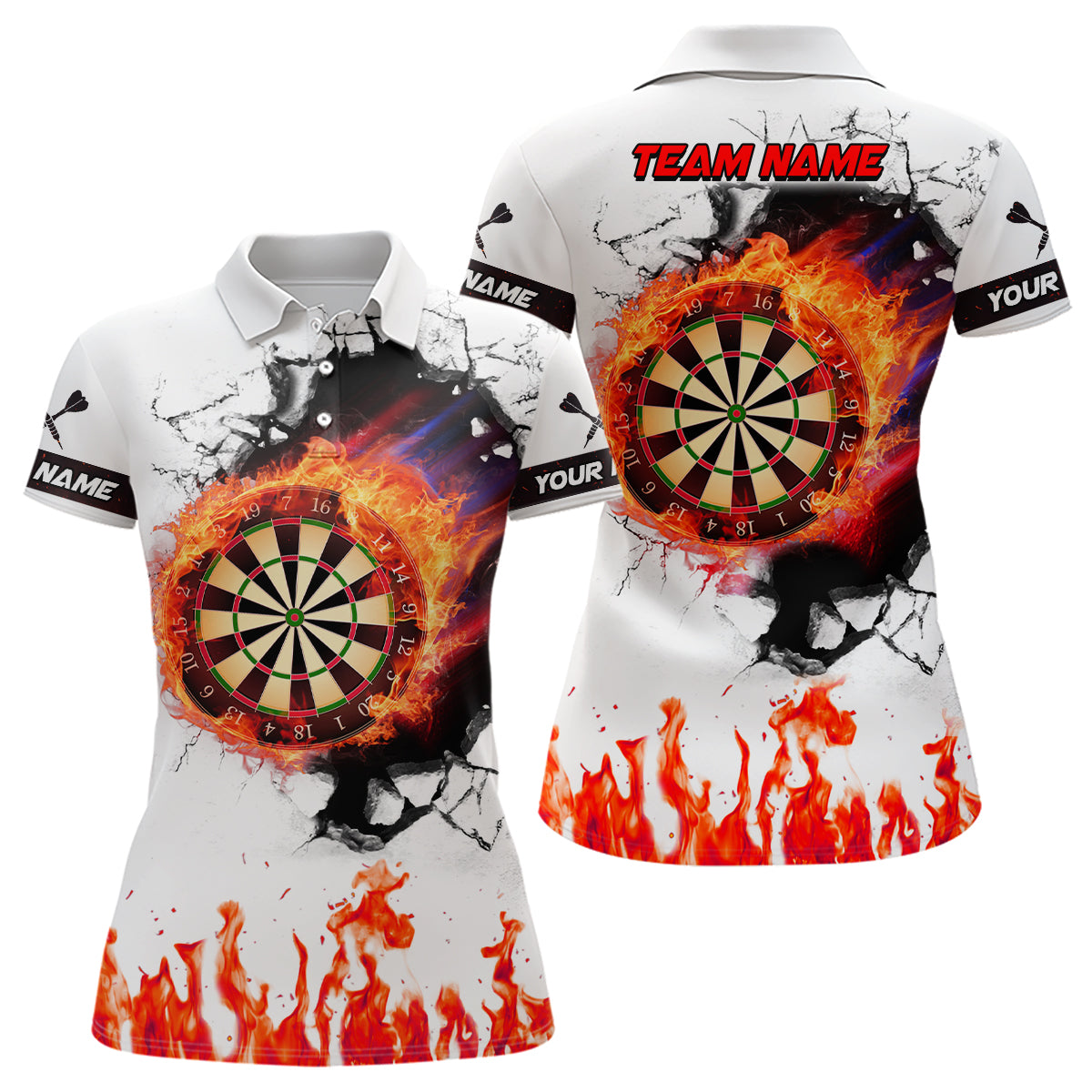 Individuelles Oranges Dartbrett Feuerflamme Dart Poloshirt, Dart Team Shirt TDM1391