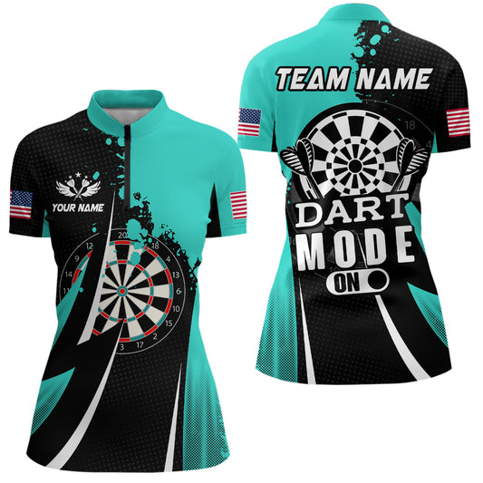 Individuelles türkises Dart Mode On Dart Quarter Zip Shirt für Damen, Dart Teamtrikot TDM1653