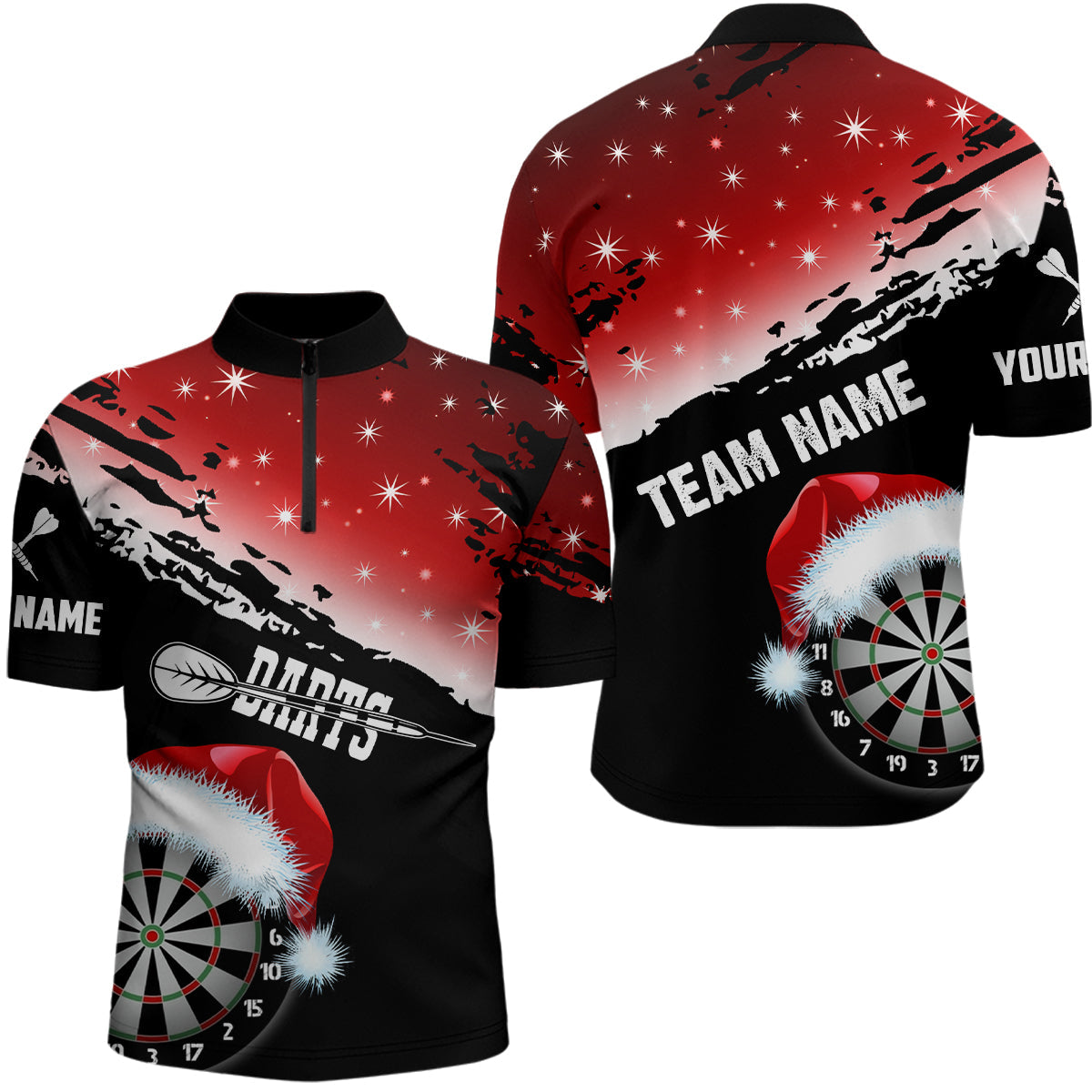 Individuelles Rotes Santa Darts Board Weihnachts Dart Herren Shirts mit Viertelreißverschluss, Lustiger Dart Trikot TDM2953