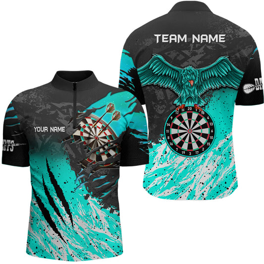 Individuelles Türkis Schwarzes Adler Dartboard Dart Viertelreißverschluss Herren Shirt, Dart Trikot Team TDM3522