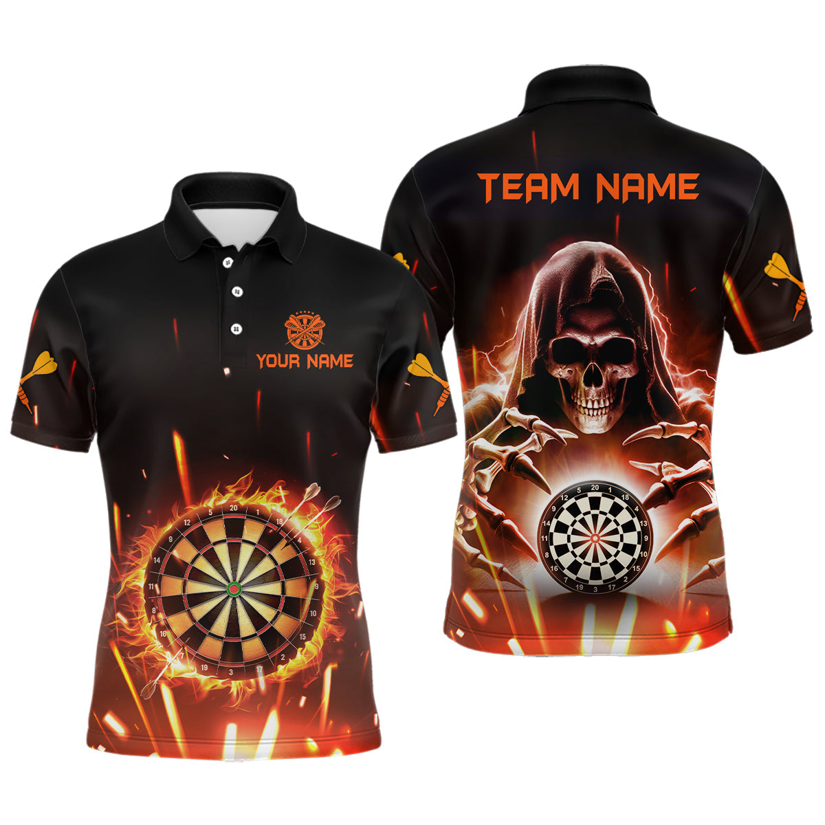 Individuelles Totenschädel Dartbrett Feuerflamme Herren Poloshirt, Dart Teamtrikot TDM1404