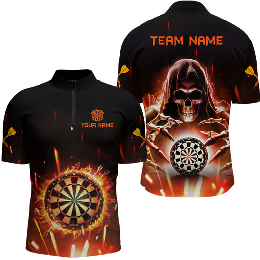Individuelles Totenschädel Dartboard Feuerflamme Herren Shirt mit Viertelreißverschluss, Dart Team Trikot TDM1404