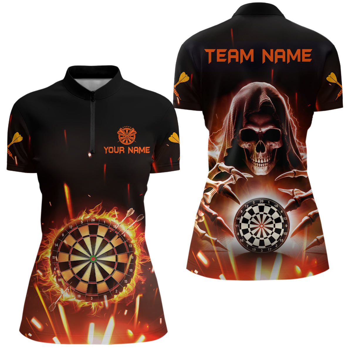 Individuelles Death Skull Dartboard Fire Flame Damen Quarter Zip Shirt, Dart Teamtrikot TDM1404
