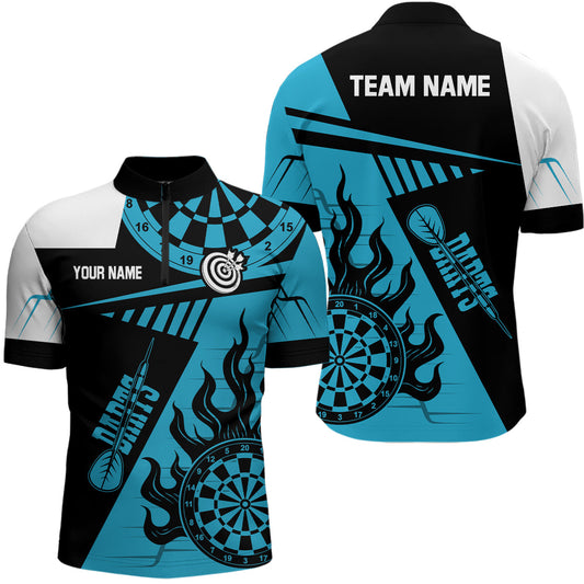 Blaues und Schwarzes Dart Herren Shirt mit Viertelreißverschluss, Bestes Dart Team Trikot Outfit TDM1991