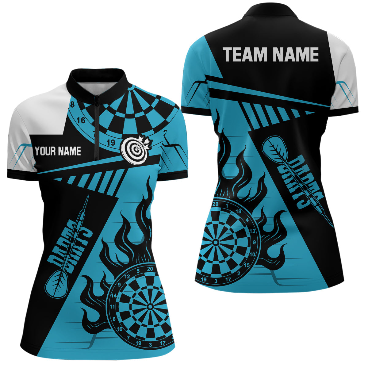 Individuelles blaues und schwarzes Dart Quarter Zip Shirt für Damen, Beste Dart Team Trikots Bekleidung TDM1991