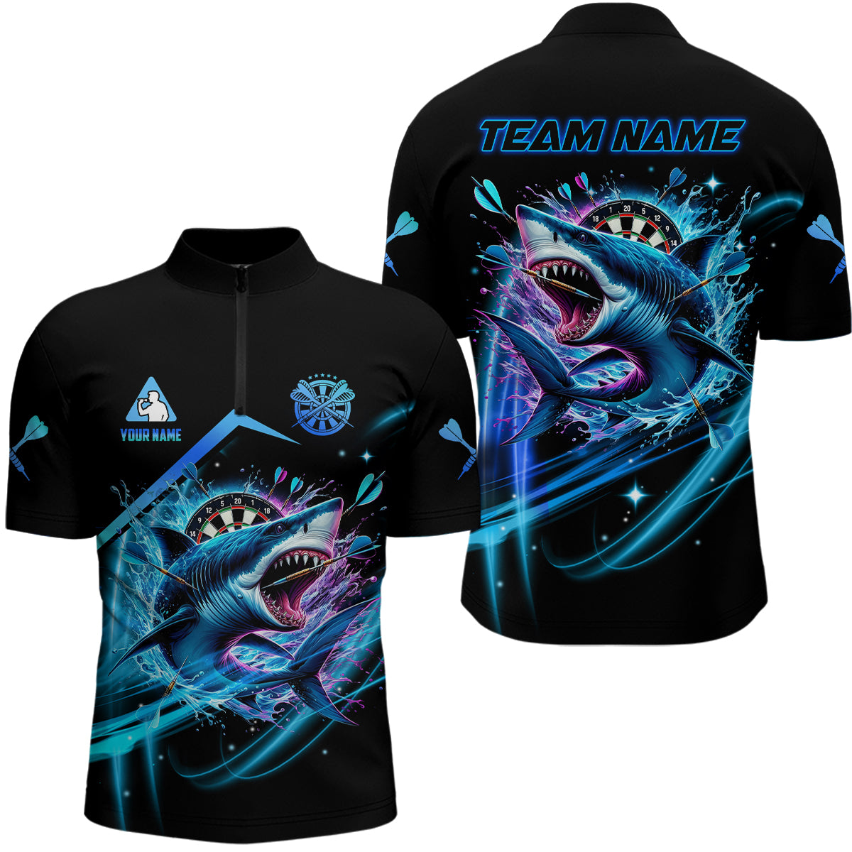 Personalisierte Blaues 3D Darts Board Und Hai Herren Dart Polo & 1/4 Reißverschluss Shirts, Lustiges Darttrikot TDM2957