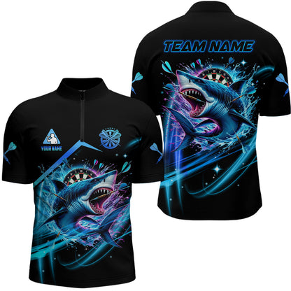 Personalisierte Blaues 3D Darts Board Und Hai Herren Dart Polo & 1/4 Reißverschluss Shirts, Lustiges Darttrikot TDM2957
