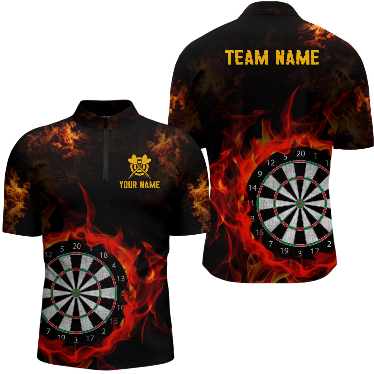 Individuelles Feuerflamme Dartboard Herren Shirt mit Viertelreißverschluss, Dart Team Trikot TDM1226