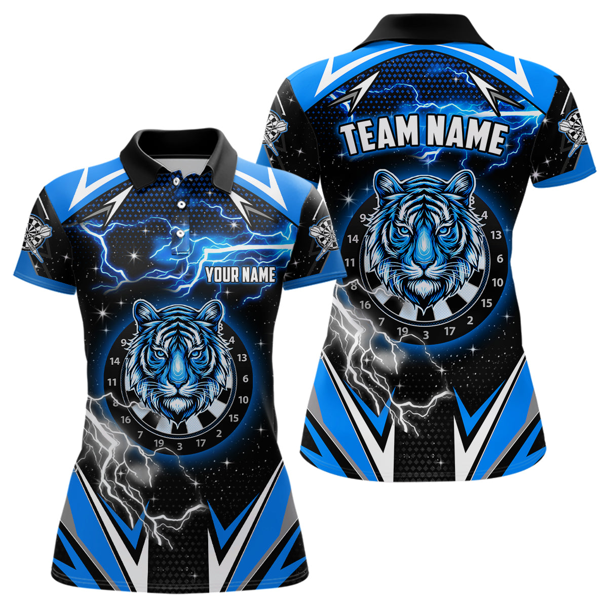 Individuelles Tiger Dartbrett Donner Blitz Blaues Herren Poloshirt, Dart Teamtrikot TDM2213