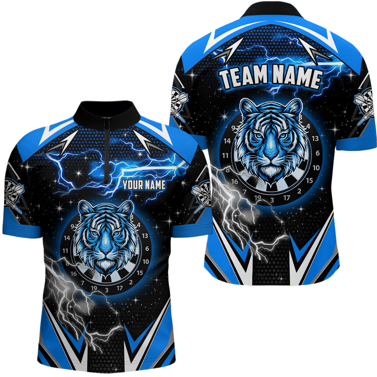 Individuelles Tiger Dartboard Thunder Lightning Blau Herren Shirt mit Viertelreißverschluss, Dart Team Trikot TDM2213