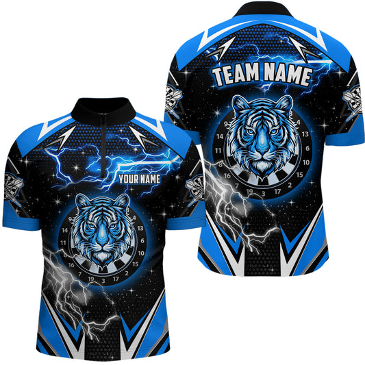 Individuelles Tiger Dartboard Thunder Lightning Blau Herren Shirt mit Viertelreißverschluss, Dart Team Trikot TDM2213
