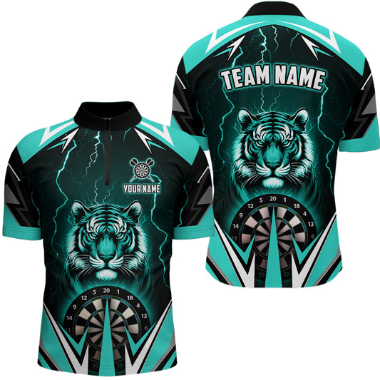 Individuelles Tiger Dart Herren Shirt mit Viertelreißverschluss, Thunder Lightning Türkises Dart Trikot TDM2478
