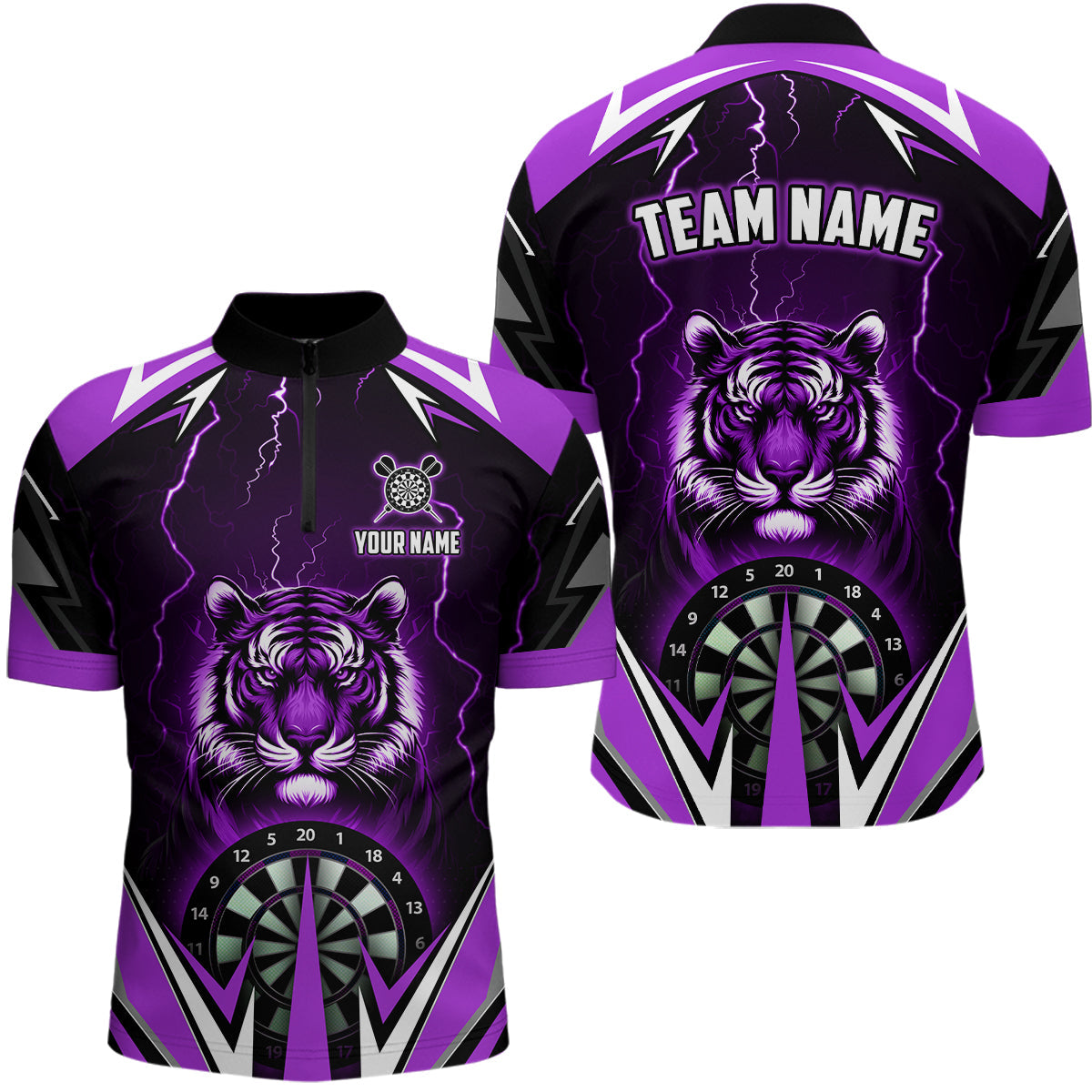 Individuelles Tiger Thunder Lightning Dart Herren Shirt mit Viertelreißverschluss, Lila Dart Team Trikot TDM2479